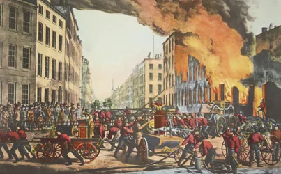 Das Leben eines Feuerwehrmanns - Die Ruinen, veröffentlicht 1854, Currier & Ives